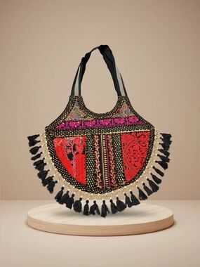 Handcrafted Embroidery Beaded Banjara Boho Shoulder Bag Black, Red and Gold
